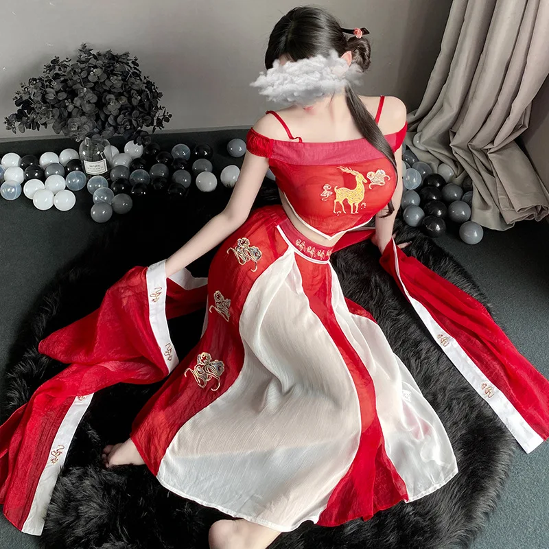 

Red Ancient Chinese Costume Retro Traditional Sexy Hanfu Skirt Cosplay Fairy Dress Dance Outfits Women Perspective Adult Clothes