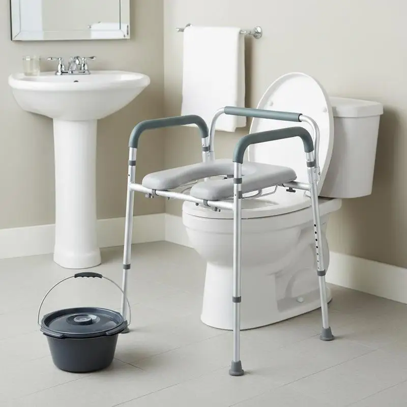 

Toilet Bench 22"x17"x31" For Bedroom Hospital Nursing Home, Padded Seat Armrests 7-Level Height Adjustable 5.8L Removable Bucket Easy Assembly 350 LBS Capacity Adult Senior Raised Potty Chair