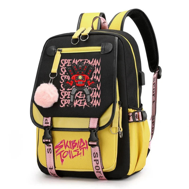 Impressão Anime Schoolbag para Meninas Adolescentes, Carregamento USB Mochila, Laptop Bag, Casual Estudante Bolsas de Escola, Moda Estacionária, skibidi