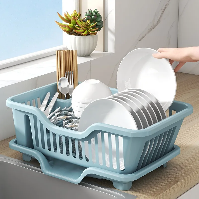

Plastic Dish Rack with Drain Board and Utensil Cup Kitchen Drainage Basket Utensil Holder and Extra Drying Mat Drainage Rack
