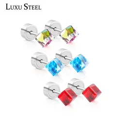 LUXUSTEEL Fashion Colorful Faceted Square Crystal Earrings For Women Girls Silver Plated Stainless Steel Stud Ear Party Jewelry