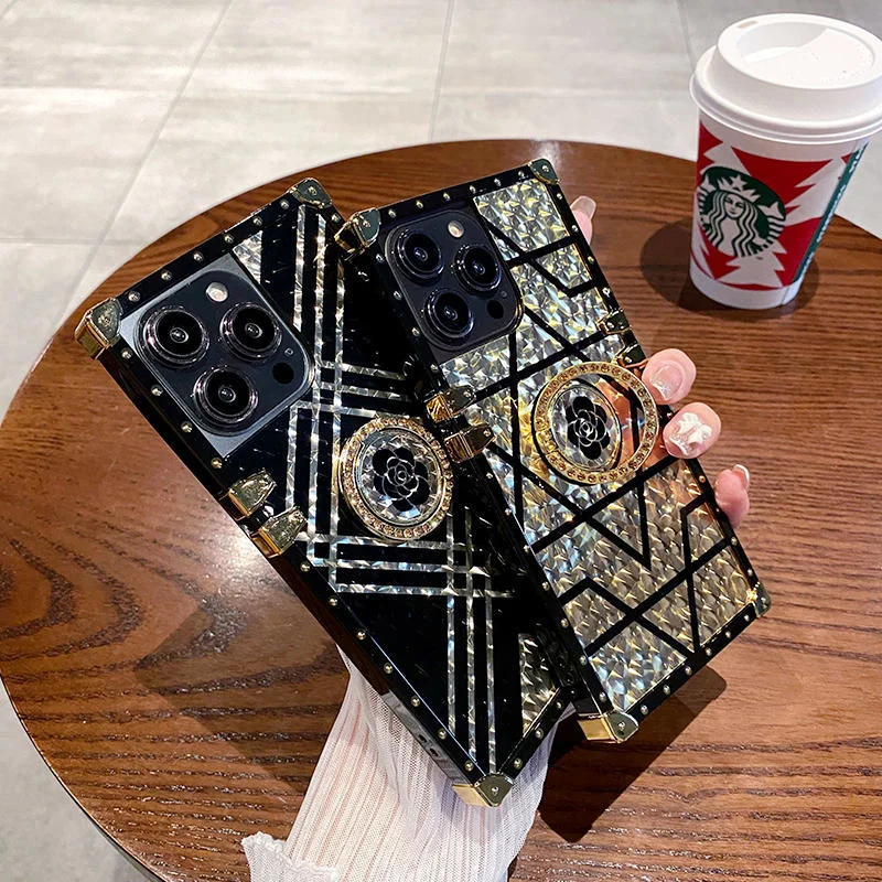 Gold Upscale Luxurious Ring Holder Square Phone Case For iPhone 11 12 13 14 15 16Pro Max XR X XS 7 8 Plus Silicone Bling Cover