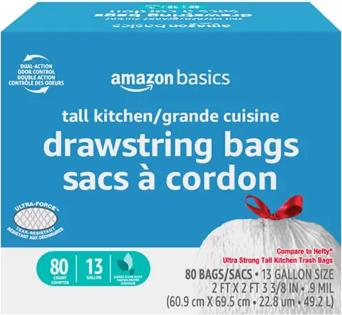13 Gallon Tall Kitchen Trash Bags with Odor Control, 80 Count Drawstring Bags for Easy Tying