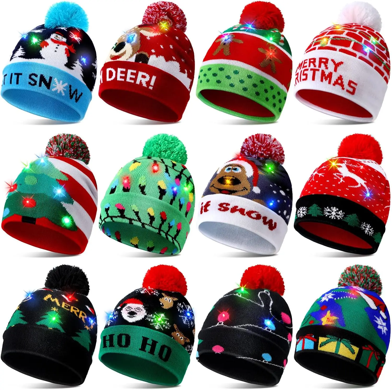 12 Pcs LED Christmas Sweater Hat Light up Xmas Beanie Knitted Cap Unisex Winter Hat, Lovely Style