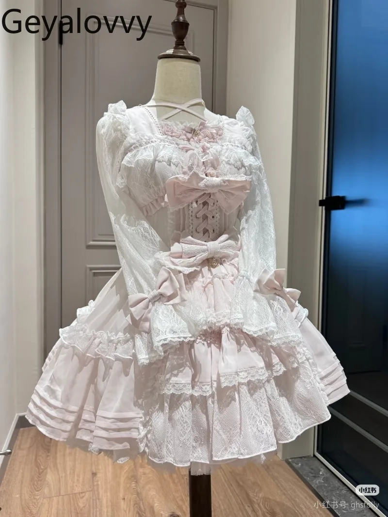 النمط الياباني الإنتاج الضخم جديد الحلو لطيف الفتيات عالية الخصر سليم صالح فستان بكم طويل لوليتا الدانتيل المرقعة القوس فستان قصير #4