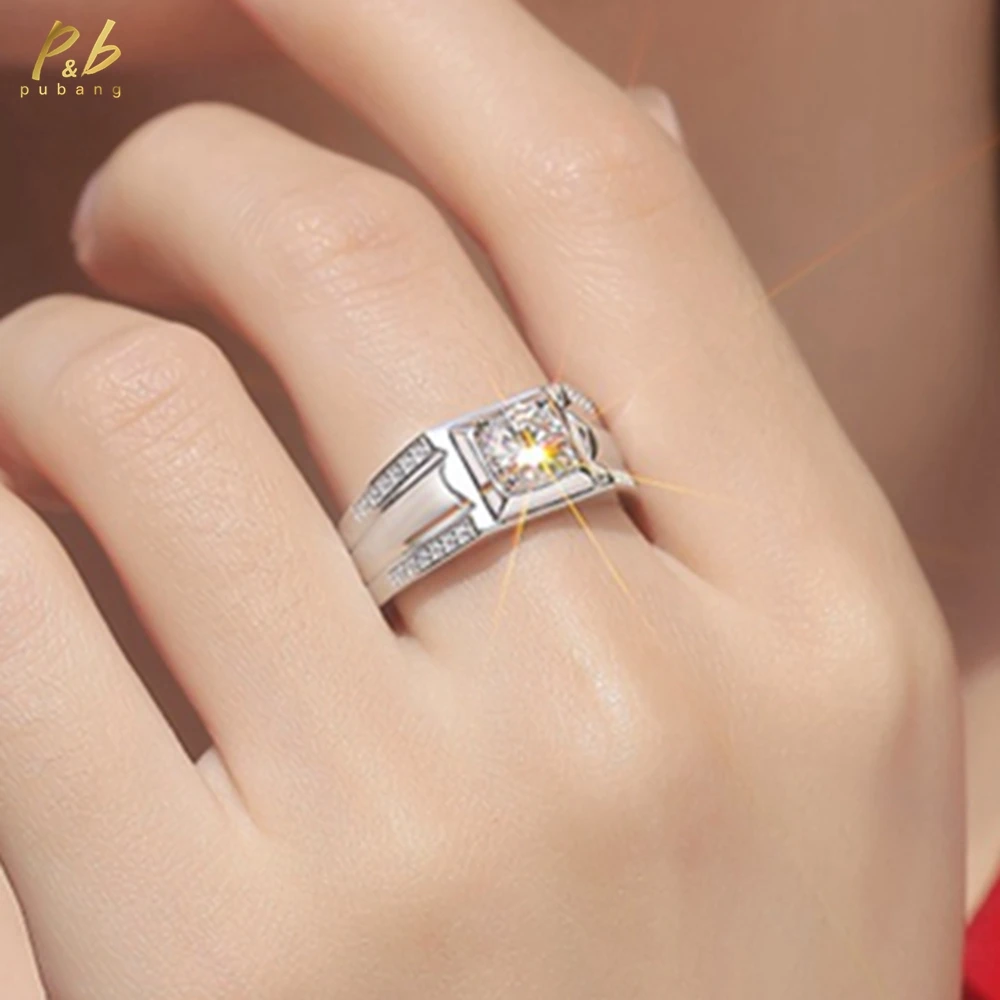 

PuBang Fine Jewelry 925 Sterling Silver Round Cut 1 CT GRA Moissanite Diamond Wedding Engagement Adjustable Ring for Men Women