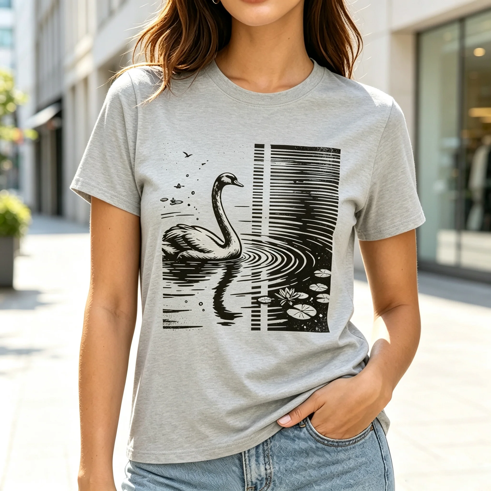 Women's Woodcut Style Lake Swan Graphic T-Shirt, Black Line Art Water Lily Pond Nature Wildlife Vintage Casual Short Sleeve Tee