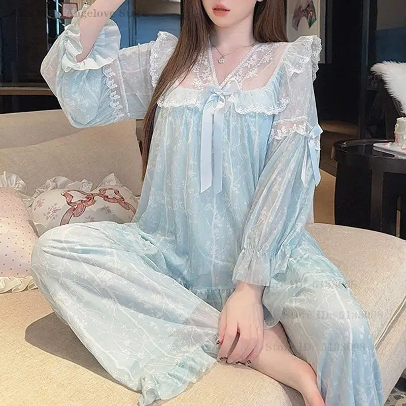 New Sweet Mesh Pajamas Set Sexy Lace Princess Style Sleepwear Casual Printed Home Wear Exquisite Elegant Nightwear Loungewear