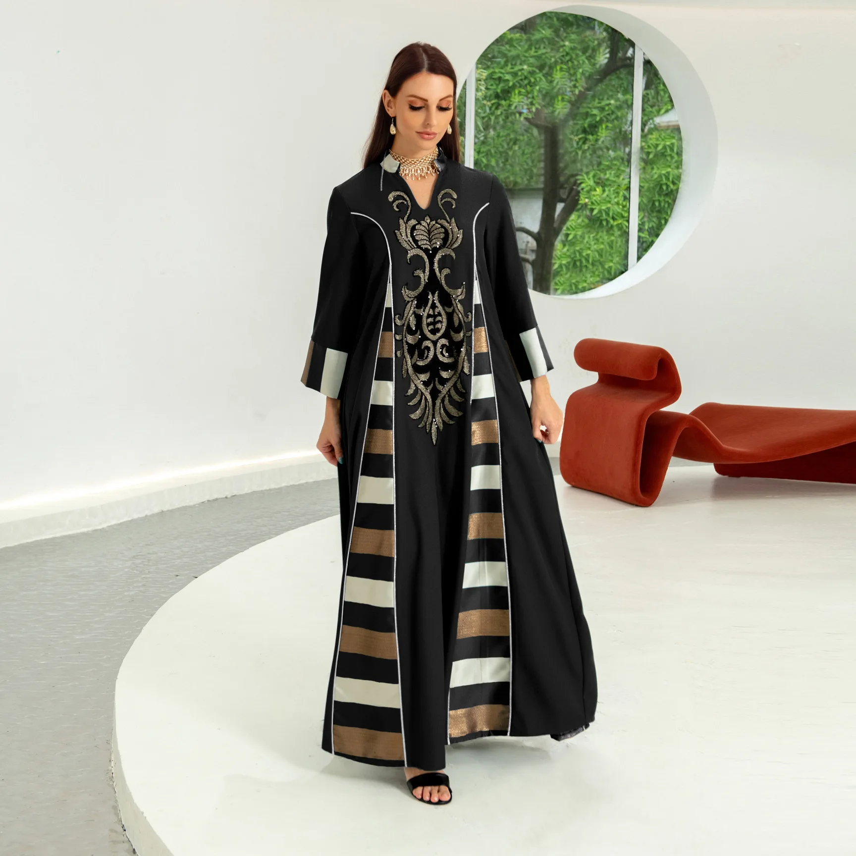 Elegant Casual Floral Embroidery Patchwork Long Dresses Vintage Contrast Color Kaftan Ramadan Gulf Abayas For Women