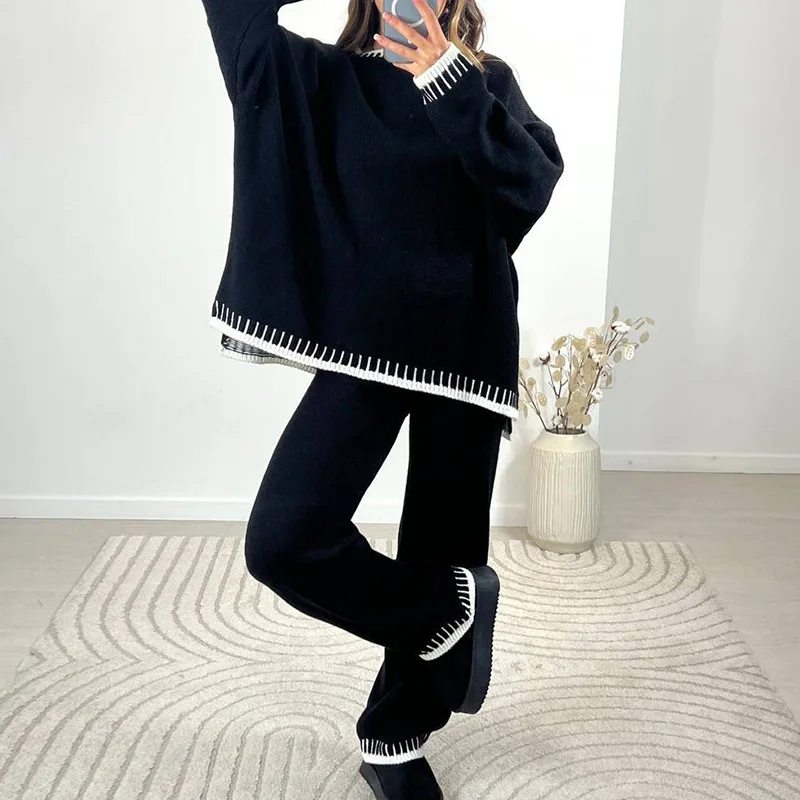 Fashion Casual Suit White Border Contrasting Sweater Set Straight Tube Loose Two-piece Set for Women