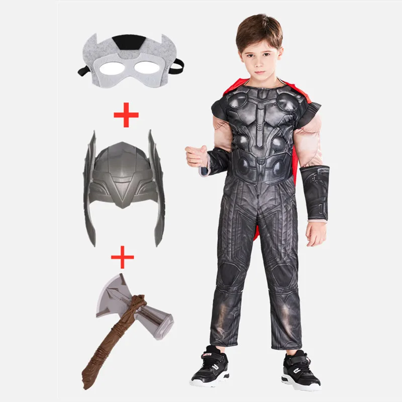 Superhero Thor Muscle Costume Kids Toy Light Up Axe Halloween Cosplay Costume Movie Character Fantasy Carnival Jumpsuit