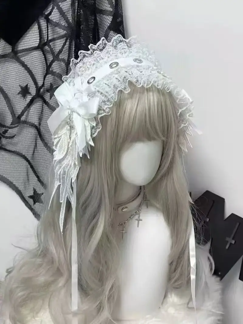 NONSAR 2025 일본 레이스 리본 윙 로리타 헤어밴드 다크 고딕 앵글 헤드웨어 로리타 애니메이션 코스프레 헤어 액세서리