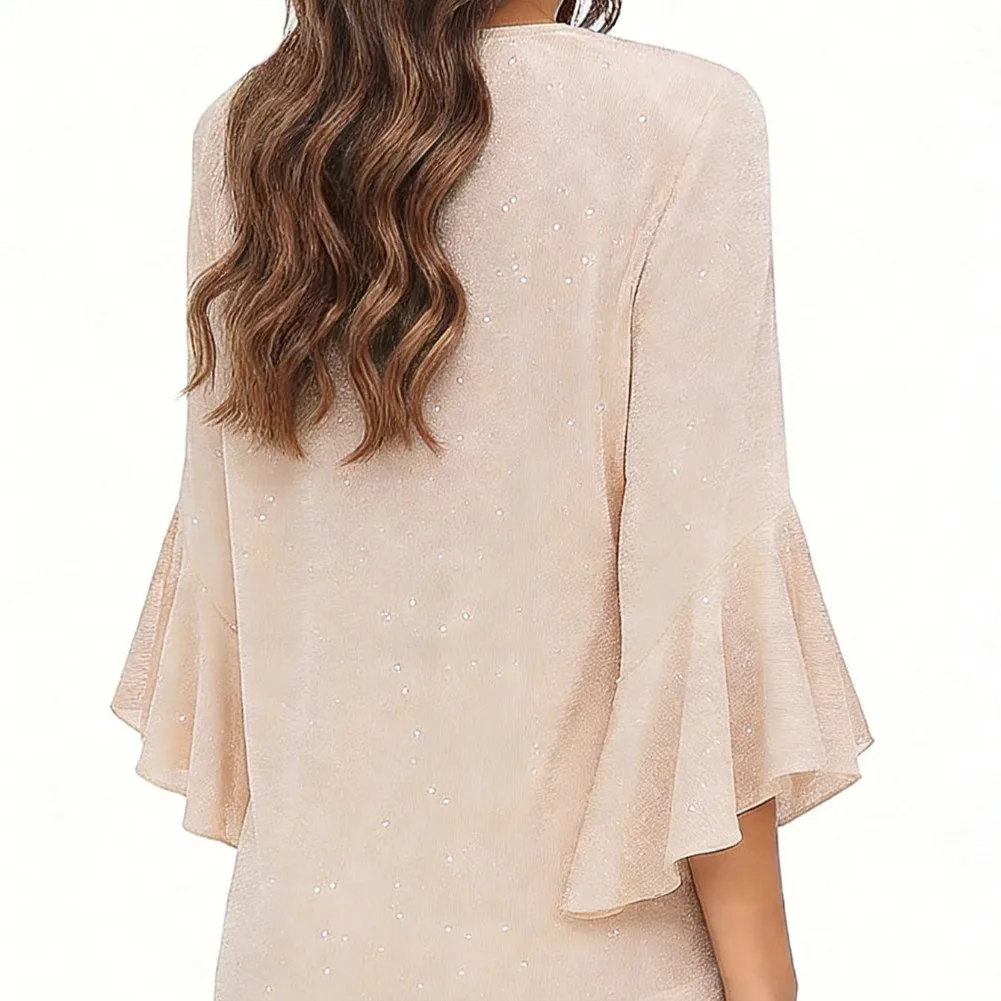 Women Sequin Splicing V-Neck Loose Long Sleeve Top Translucent Seven Point Flared Sleeve Design T-shirt