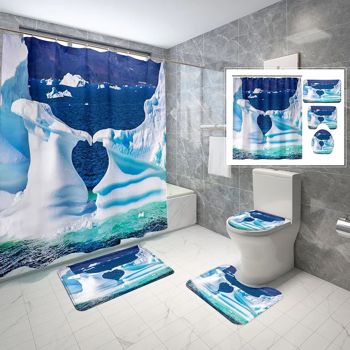 

4 Pcs Antarctic Iceberg Shower Curtain Set Heart Shape Shower Curtain Bathroom Non-Slip Bath Mat Toilet Cover Shower Curtain Set