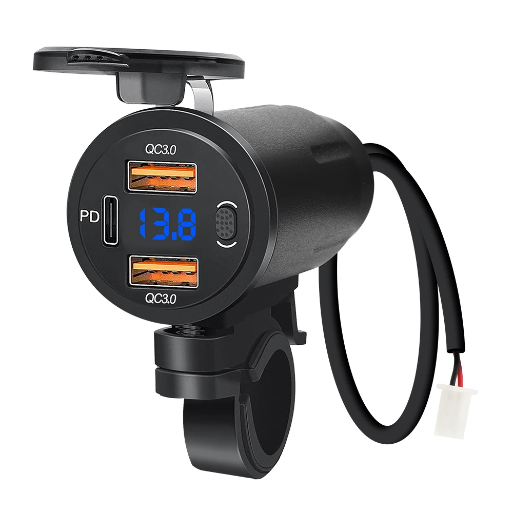 3-Ports Dual QC3.0+PD Motorcycle Vehicle-Mounted Charger Waterproof Adapter 12V Phone USB PD Ports Quick Charge 3.0 With Switch