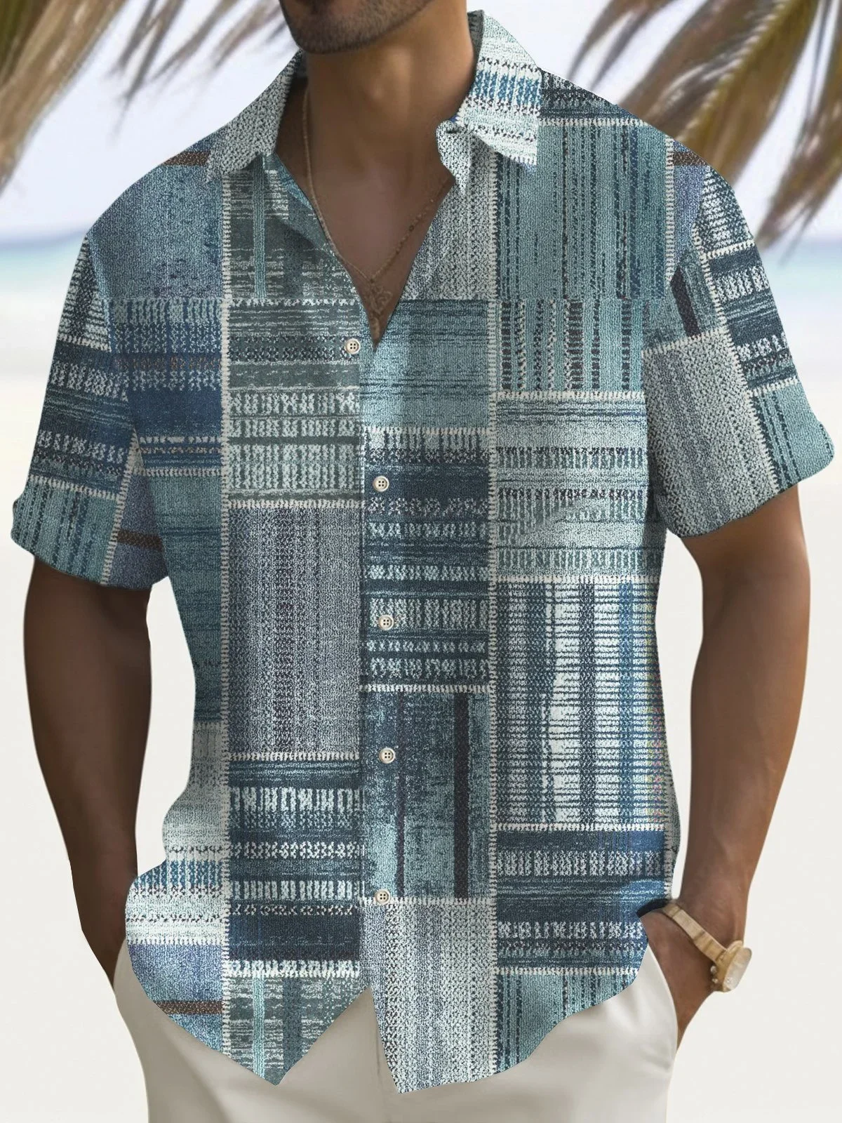 Men's Summer Linen Short-sleeved Lapel Button Shirt Men's Simple Retro Gradient Textured 3D Printed Shirt Hawaiian Shirt