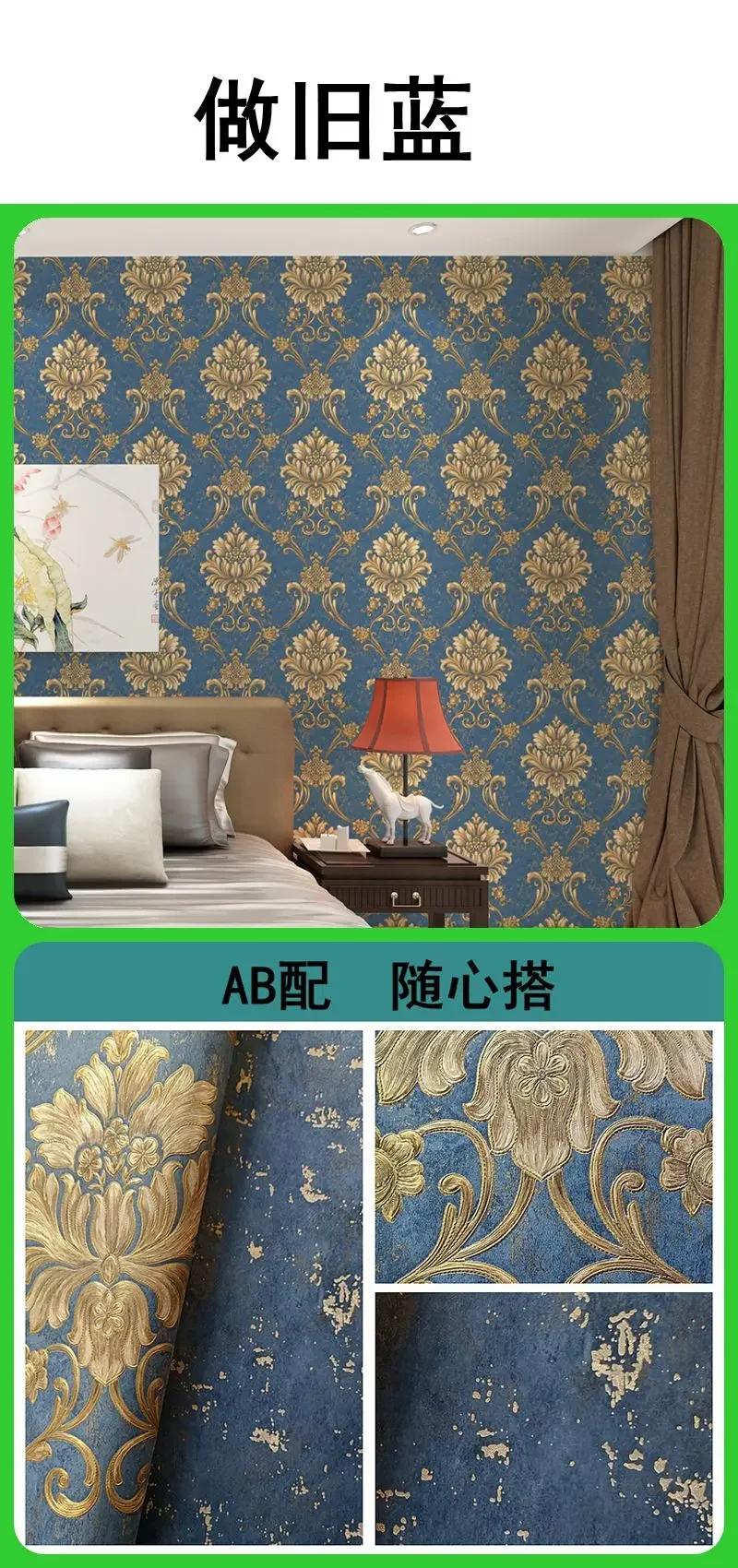 European Luxury Damask Wallpaper Roll 3D Embossed Pvc Home Hotel Wall Decor Blue Damascus Wallpapers for Living Room Bedroom