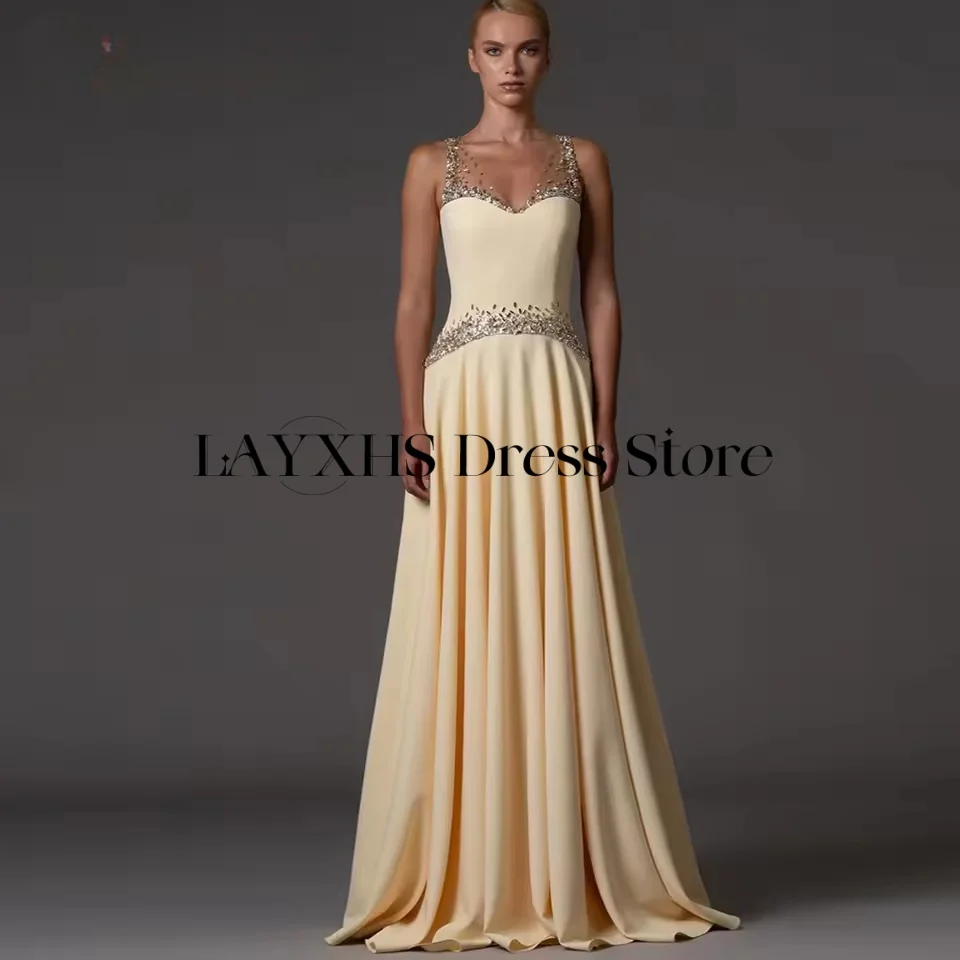 

LAYXHS Gorgeous V-Neck Evening Dresses Lace Beaded Sleeveless A-Line Pleat Prom Dresses Customized فساتين سهرات