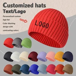 Custom Embroidered Logo Winter Knitted Pullover Hat Solid Color Warm Casual Men and Women Short-brimmed Skull Beanie Cap Gorras