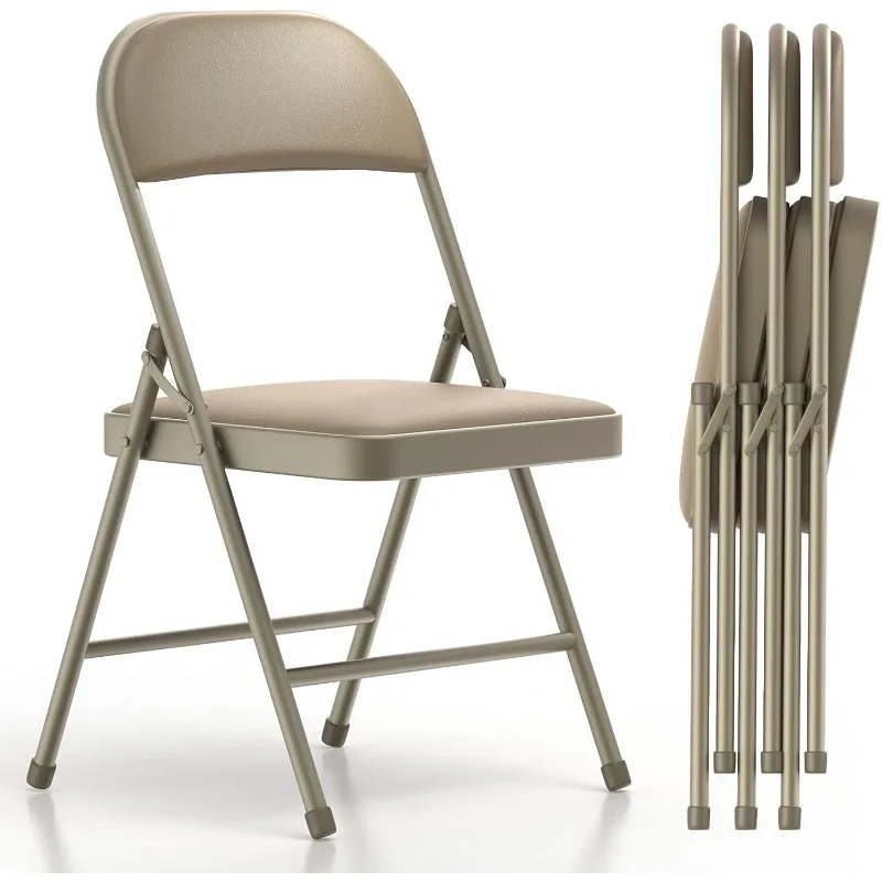 

4 Pack Folding Chairs with Padded Cushion and Back, Khaki Metal Chairs with Comfortable Cushion for Home and Office