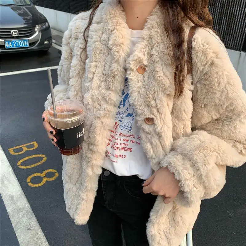 Faux Rabbit Fur Plush Coat Women's Winter Short Thickened Warm Fur Jacket Korean Loose Stand Collar Lambhair Overcoat