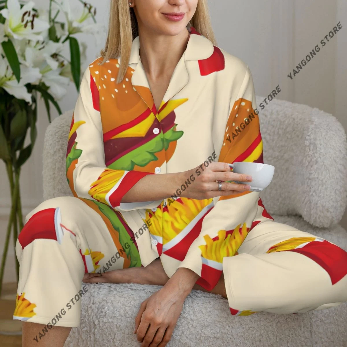 Spring and Autumn Long Sleeve Pants Pajamas Loungewear Set Fries Coca-cola And Hamburger Women's Pull Edge Loose Sleeping Suit