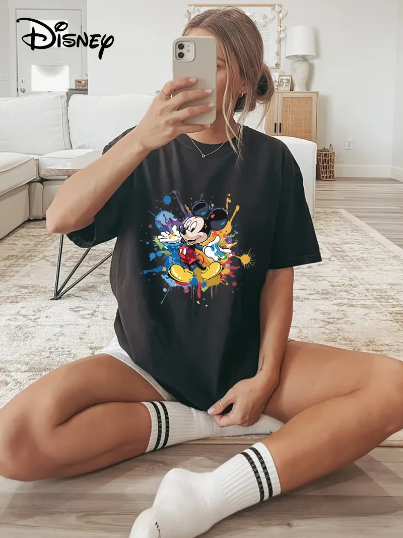 

Официальная женская повседневная летняя свободная хлопковая футболка с круглым вырезом и принтом Disney, мягкая и легкая, подходит для повседневной носки