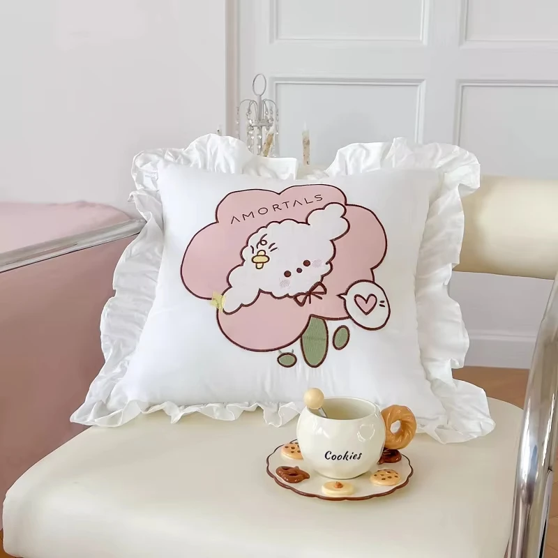 

100% Cotton Pillow Cover INS Ruffle Cushion Cover Lace European Embroidery Throw Sofa Pillow Case Home Decorative Pillowcases
