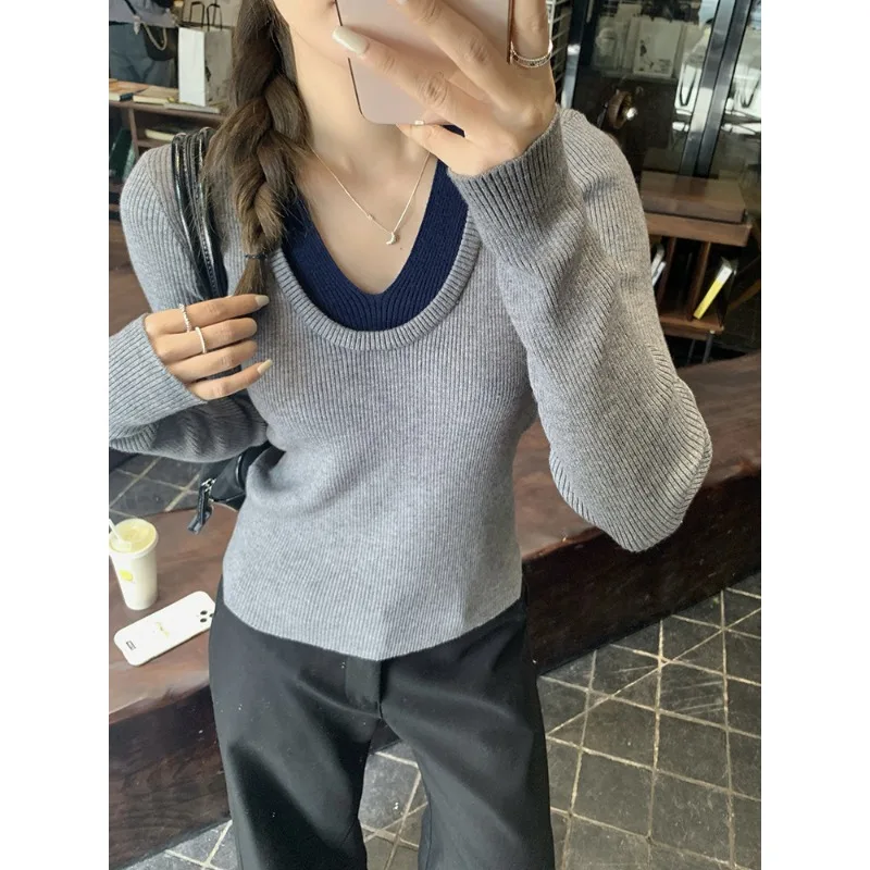 بلوفرات نسائية لخريف وشتاء 2025 برقبة على شكل حرف v بألوان متباينة سترة ضيقة بأكمام طويلة سترة نسائية للتنقل سترة نسائية غير رسمية