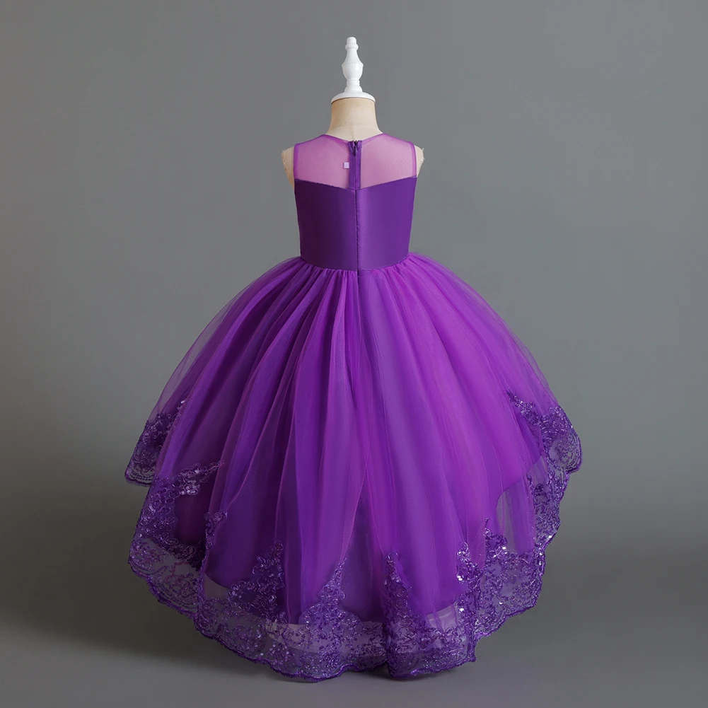 Purple Pink Autumn Elegant Kids Dress Princess Dress  Bridesmaid Wedding Dress Fluffy Dress Lace Trail Embroidered ChildWear