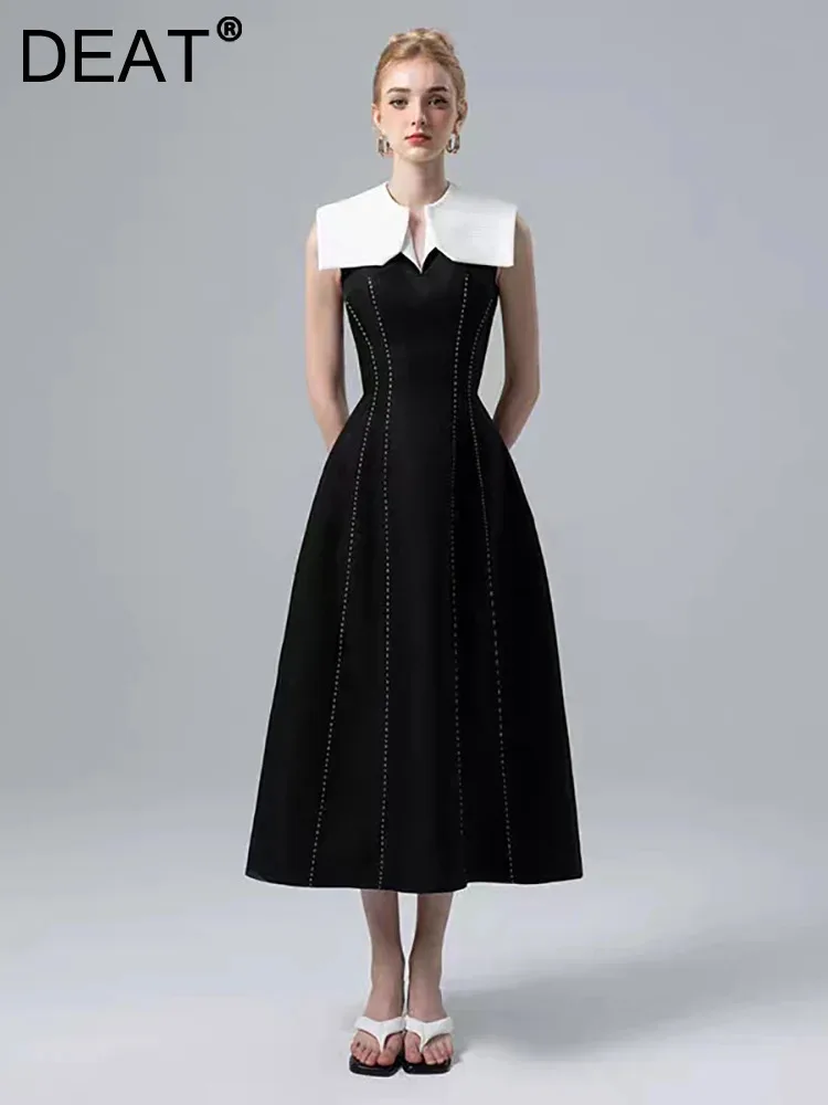 

DEAT Elegant Dress Bright Lines Collar Contrast Color Sleeveless Waist Women's Evening Dress 2025 Spring New Fashion 13DB3318