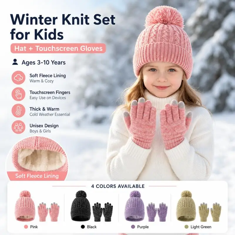Kids Winter Knit Hat Touchscreen Gloves Set Fleece Line Warm Pom Beanie Elastic Soft Outdoor Snow Ski Cap Gloves Accessory 3-10Y