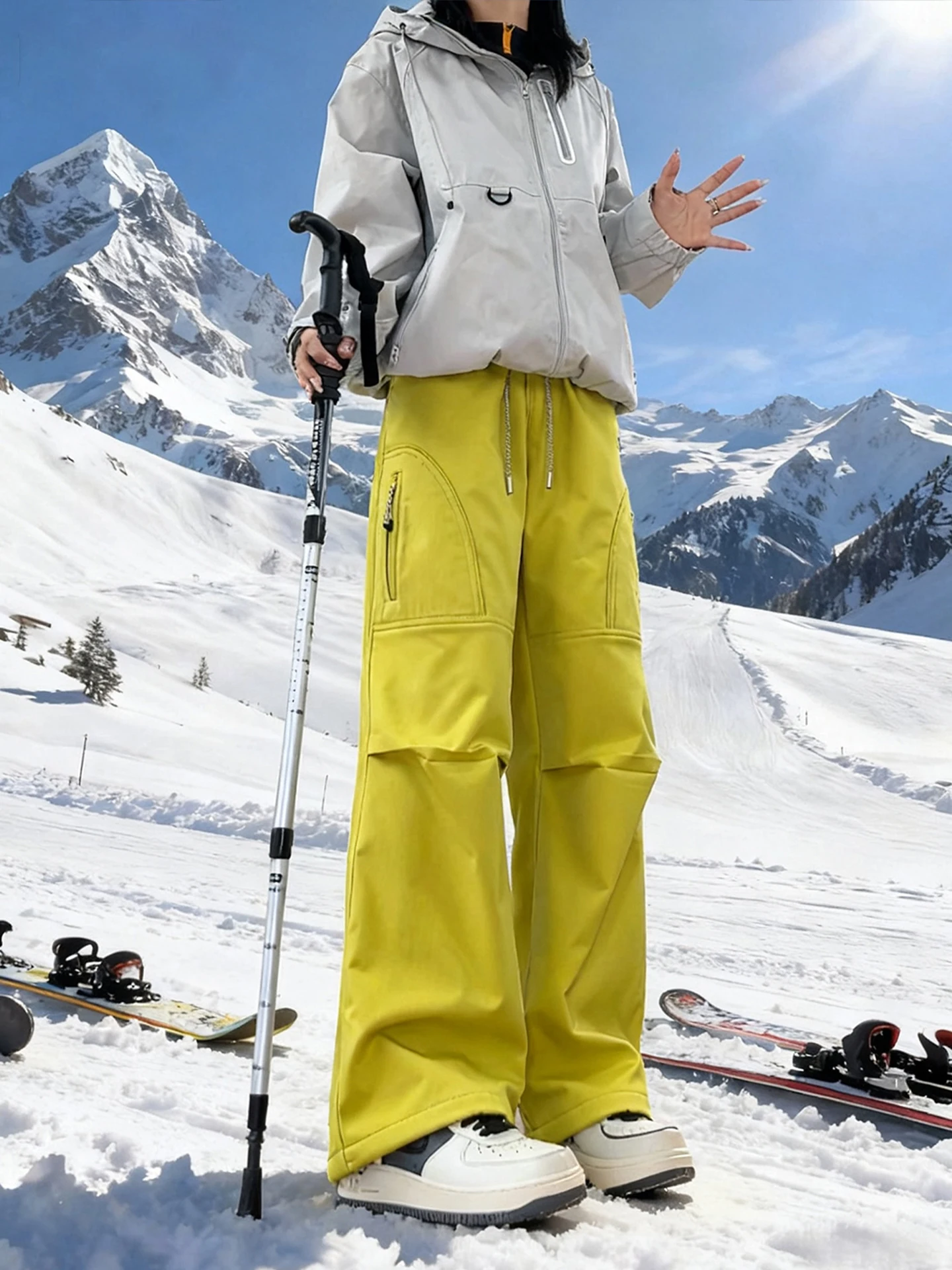 

Thiened Winter Ski Pants Men Women Sle Fce Lined Cold Proof Outdoor Mountain Climbing Trousers Lemon Yellow Color