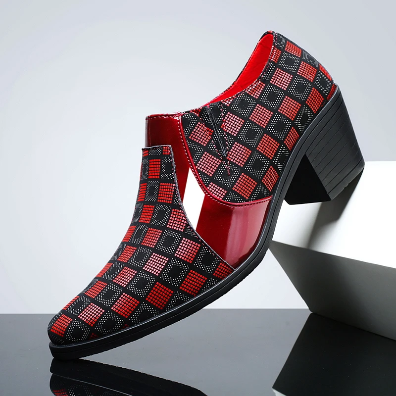

Fashion Checkered Red Men's Dress Shoes Height-increasing Casual Bussiness Leather Shoes for Man Pointed-Toe Wedding Shoes Heels