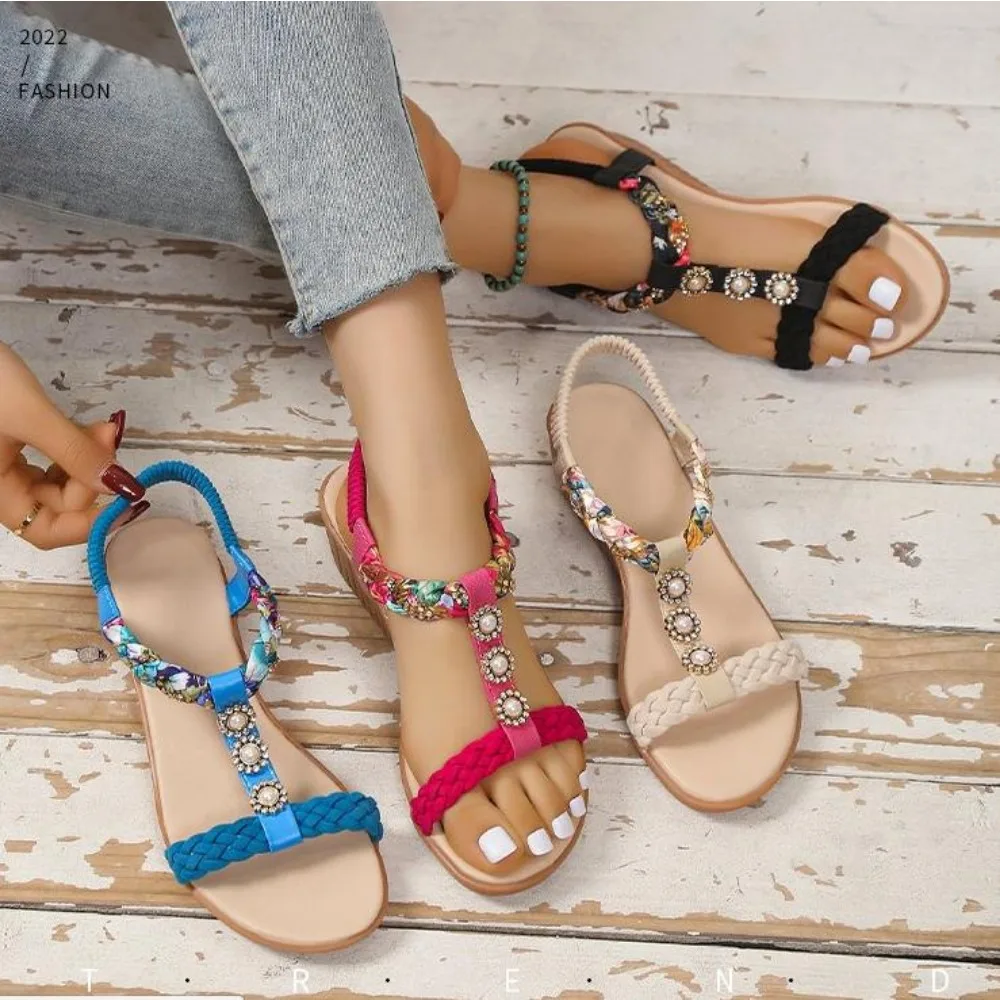 Shoes for Women Fashion Elastic Band Women\'s Sandals Summer Hot Sale Solid Crystal Round Toe Flat Sandals Zapatos Mujer