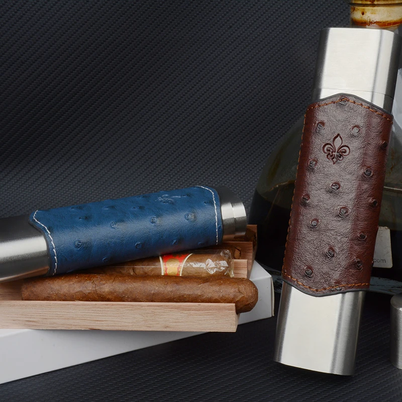 PU Leather Cigar Case 54 Ring Stainless Steel Cigar Holder 6.7" Long Mini Cigar Box 2 Tube Travel Cigar Humidor Accessory - view 2