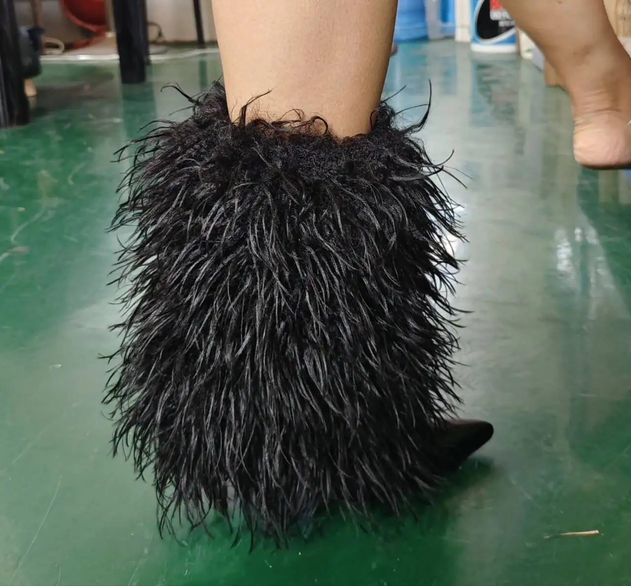 ALMUDENA White Black Fur Knee High Boots Thin High Heel Pointed Toe Fluffy Plush Tall Boots Metal Studded Soft Furry Shoes