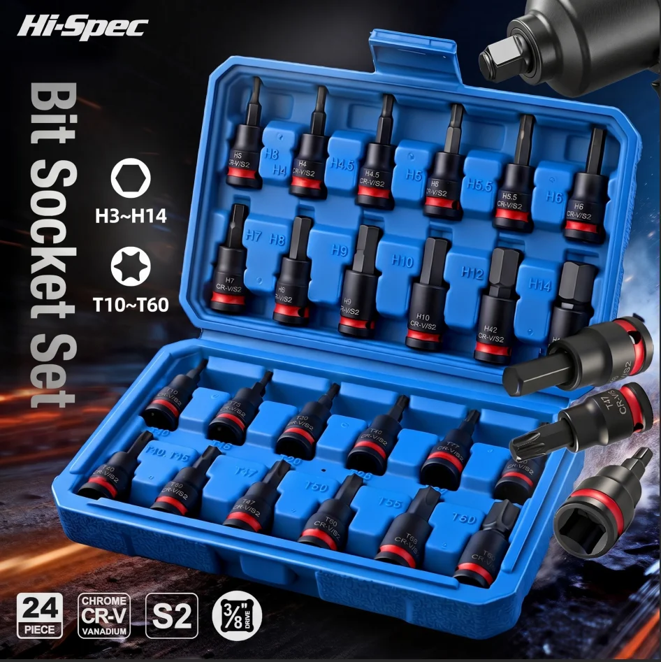3/8'' Drive Impact Bit Socket Set S2 Alloy Steel Hex H3 H14 Torx T10 T60 CR‑V Socket Black Phosphate Pin Hole Storage Case Metri