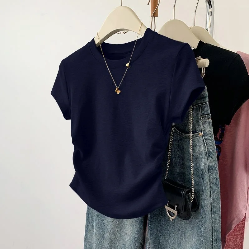 Summer Women's Threaded Waist Cinched U-shaped Hem Slim Irregular Short Sleeved Top for Women Clothing  Tops