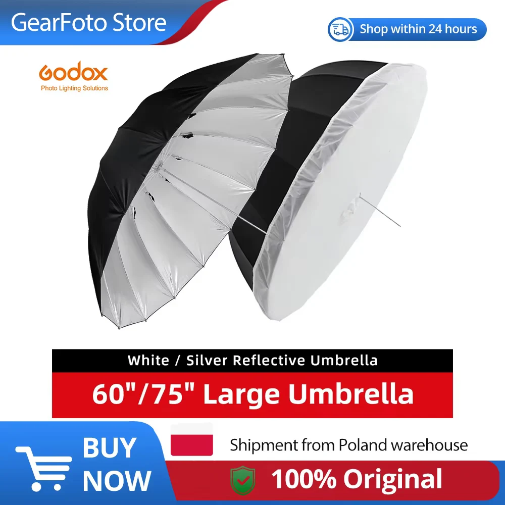 Godox 70" 178cm Zilverzwarte Reflecterende Paraplu Lichtparaplu met Grote Diffusorhoes