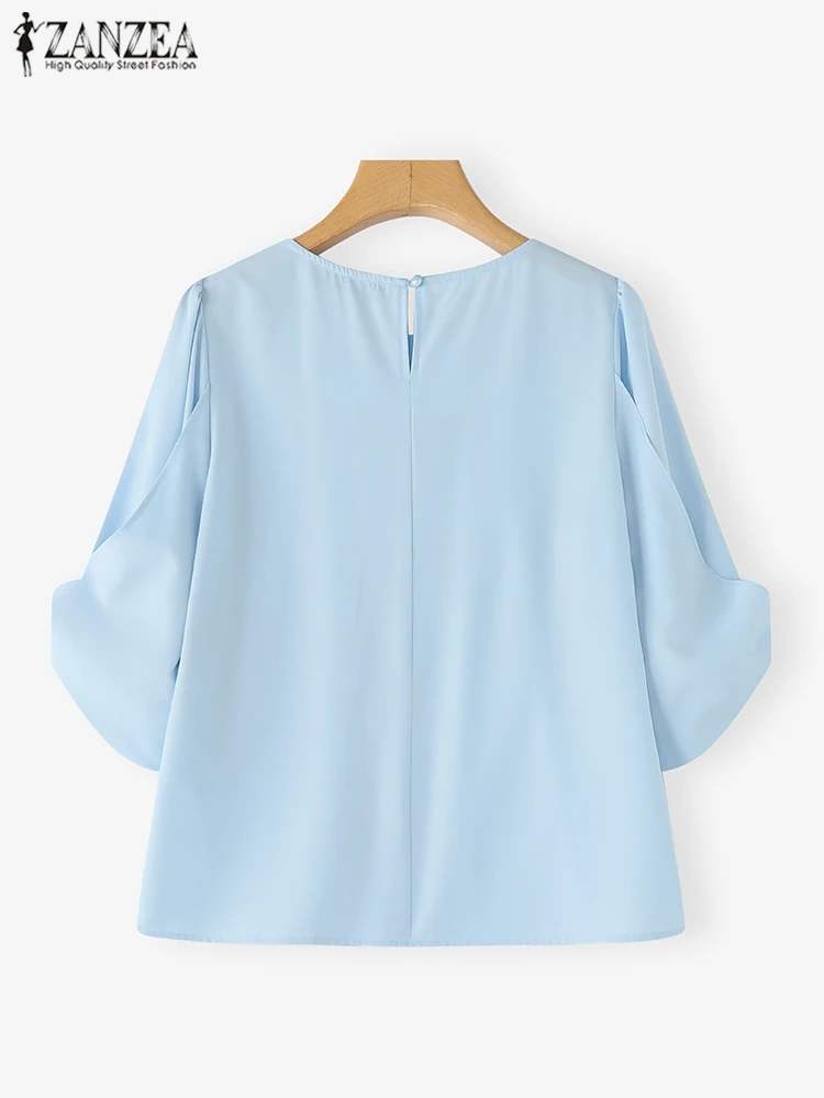 ZANZEA เสื้อฤดูร้อนแฟชั่นเสื้อชีฟอง 2025 Elegant Office Lady Tops 3/4 พัฟแขนเสื้อสีทึบเสื้อจีบหวาน Blusas