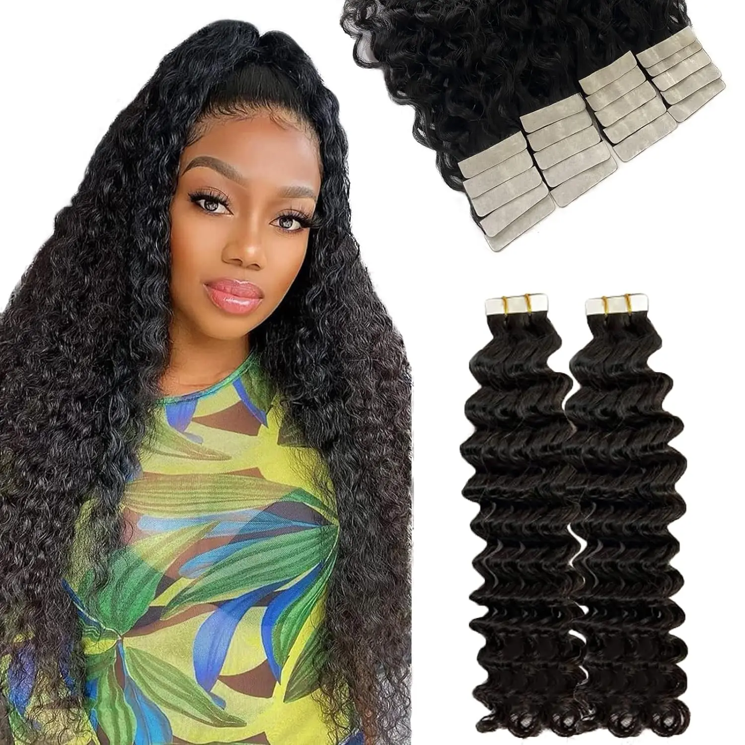 

26 Inch Deep Wave Tape In Extensions 100% Human Hair Deep Curly Tape on Hair Extensions Skin Weft Remy Natural Hair Extensions