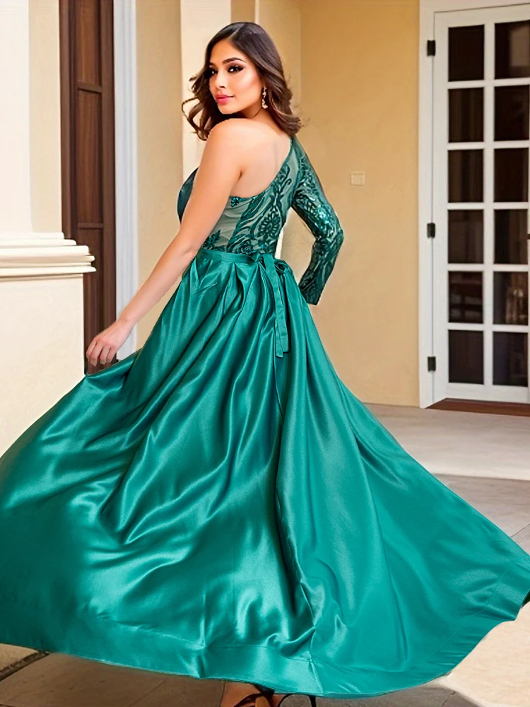 Retro Sequin Evening Dress Prom Ball Gown with Satin Skirt One Shoulder Single Sleeve Floor Length Stretchy