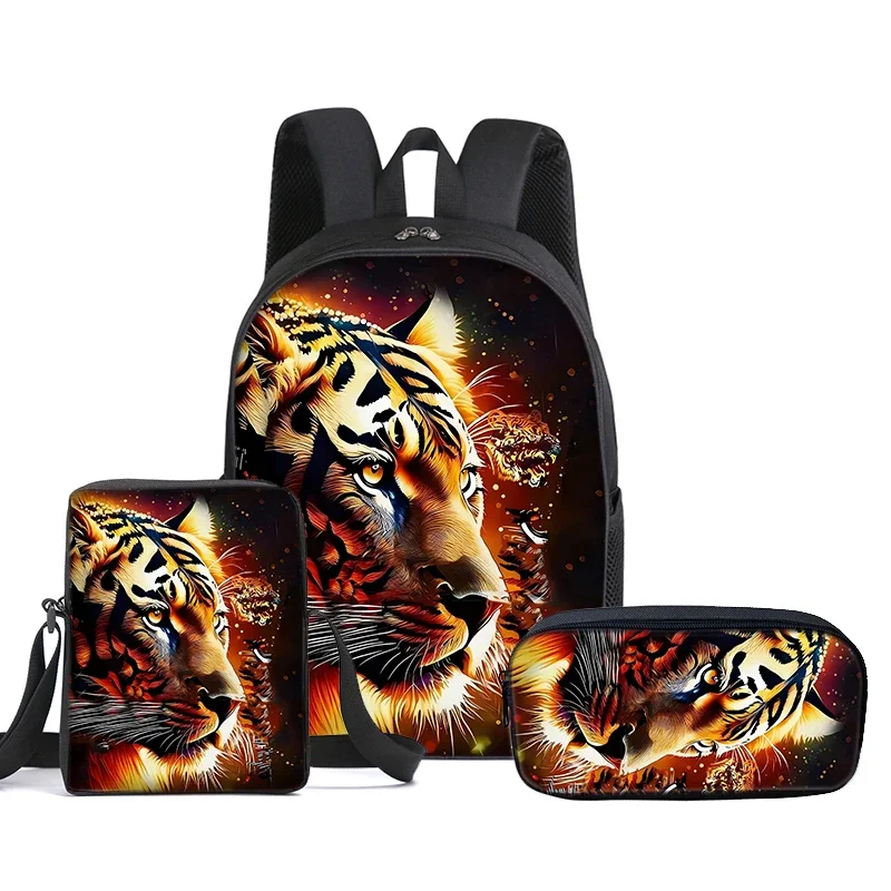 Animal Tiger 3Pcs/Set Backpack With Messenger Bags ,Pencil Bag,School Bag For Boy/Girls Best Gift 2D Cartoon Student School Bags