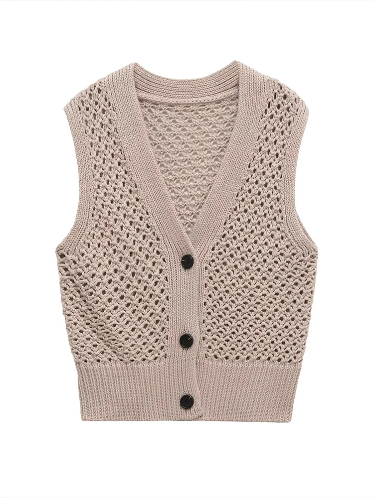 

European style new women's fashion versatile temperament simple hollow V-neck sleeveless knitted vest top