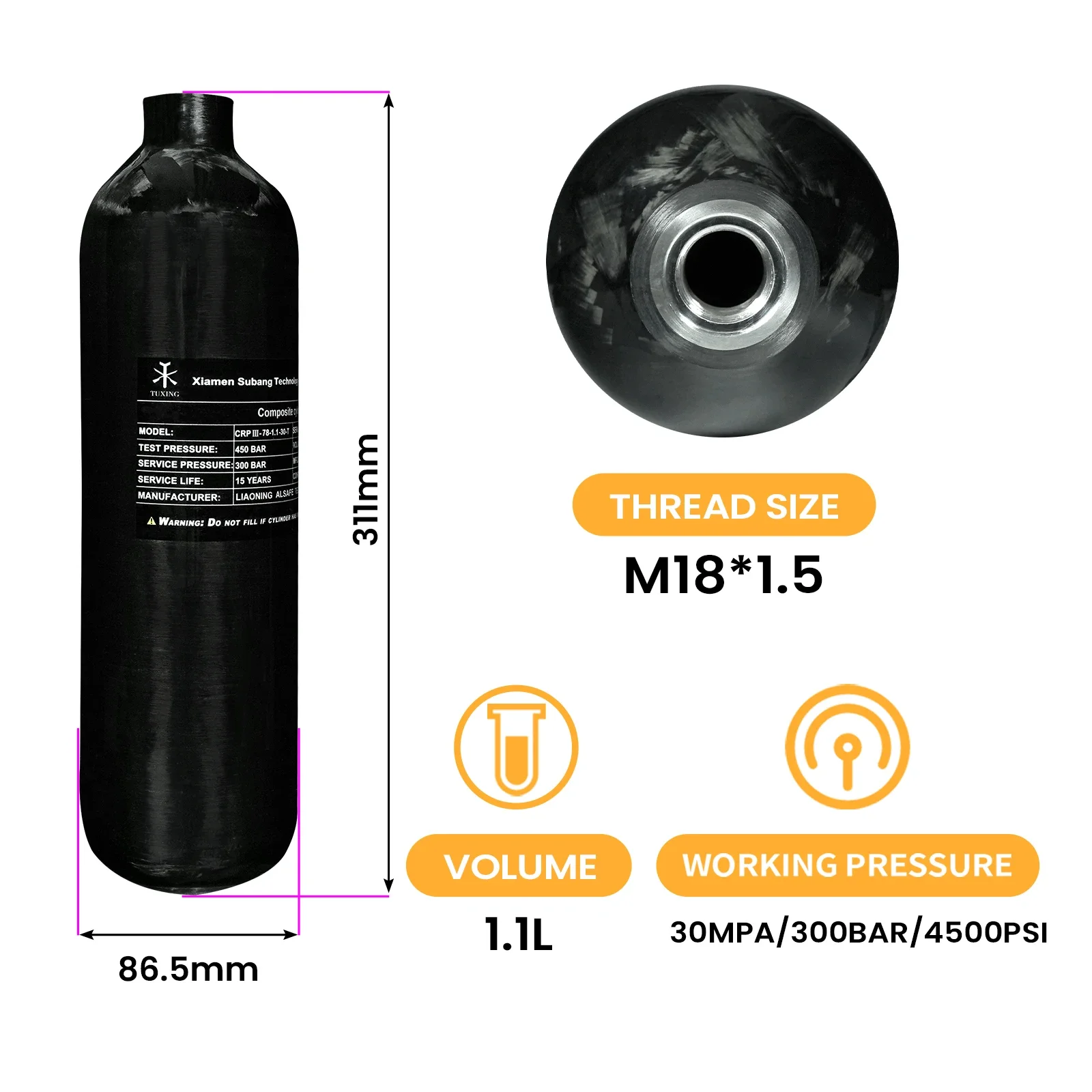 Tuxing กระบอกสูบคาร์บอนไฟเบอร์1.1L พร้อมวาล์วควบคุมถัง hPa 4500psi 300Bar ขวดแรงดันสูง M18ดำน้ำลึก * 1.5