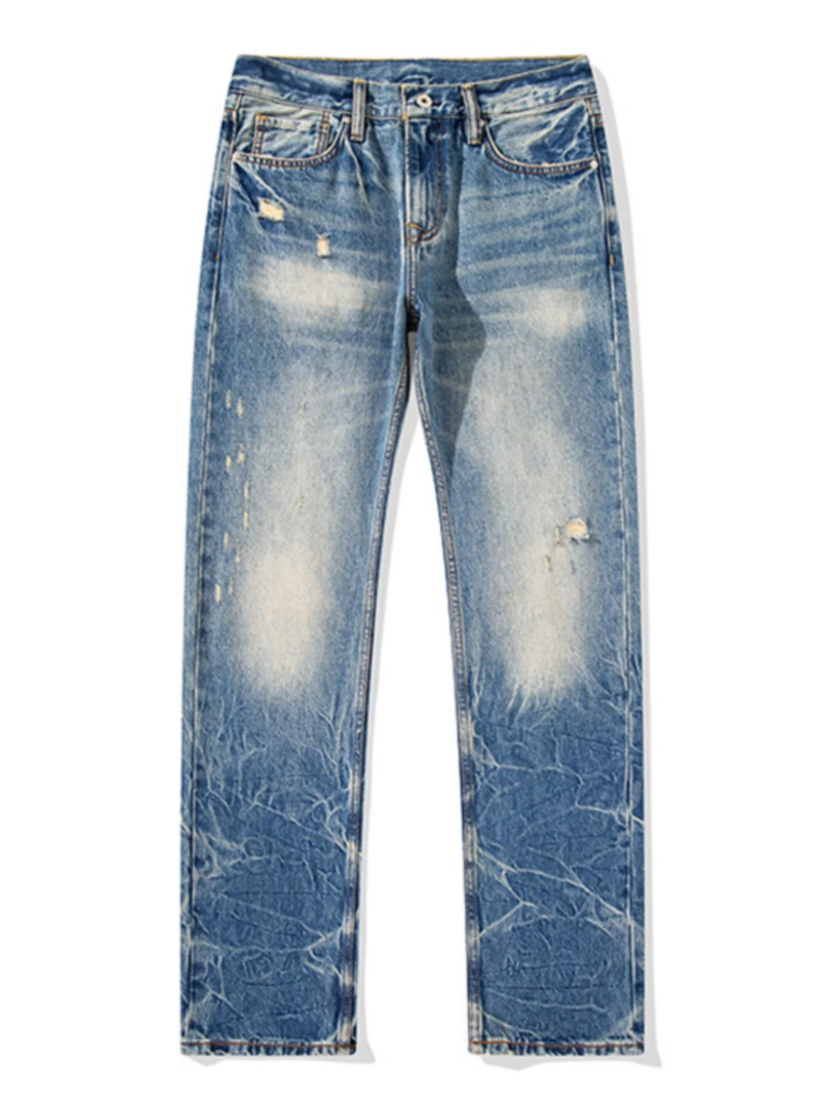 

Heavy Duty Washed Floral Embroidery Break Hole Straight Leg Jeans Men's Ameika Khaki Slim Fit Retro Japanese Style Casual Jeans