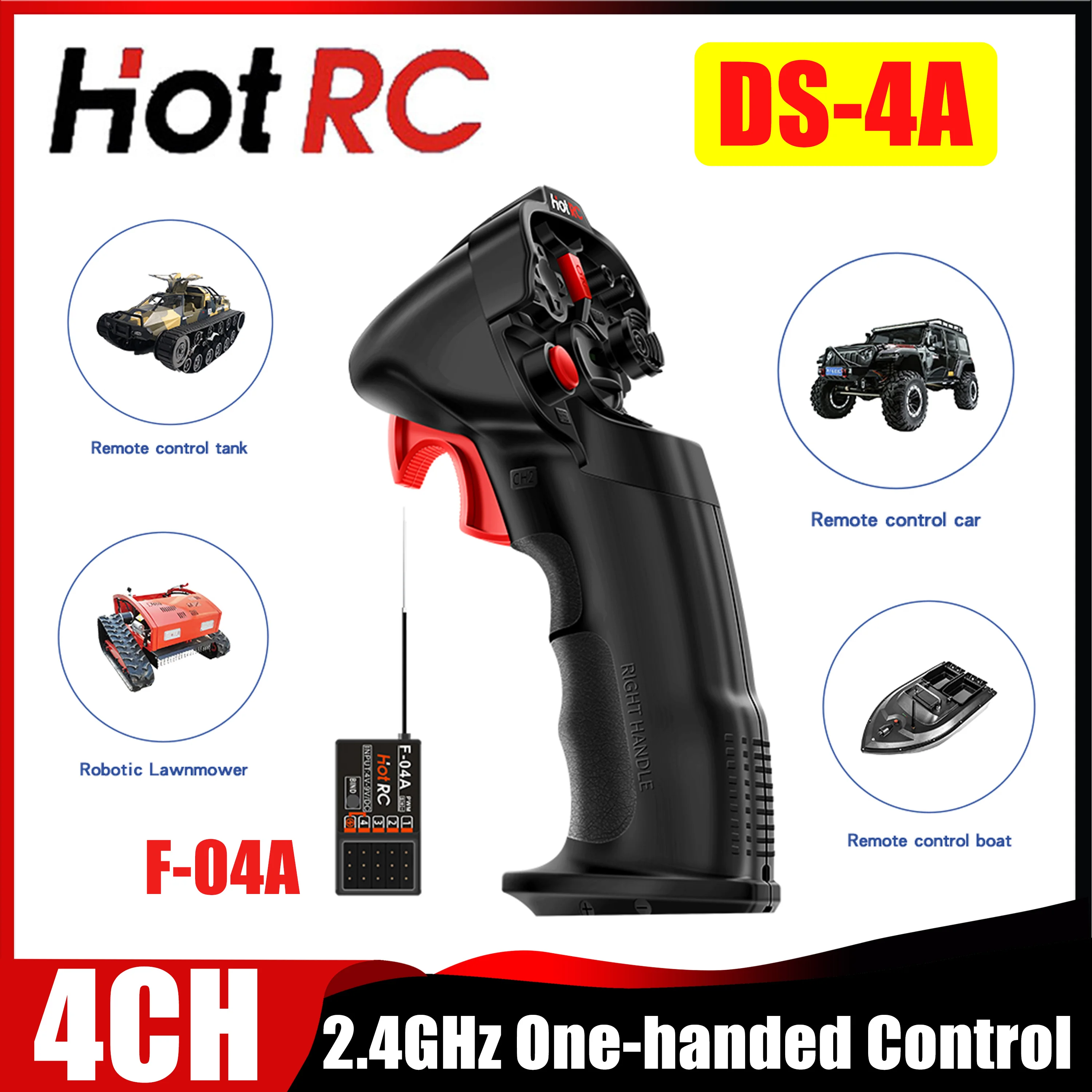HOTRC DS-4A 4CH 2.4GHz Digital Radio Transmitter One-handed Control with F-04A Receiver for RC Car Truck Tank Crawler Boat Model