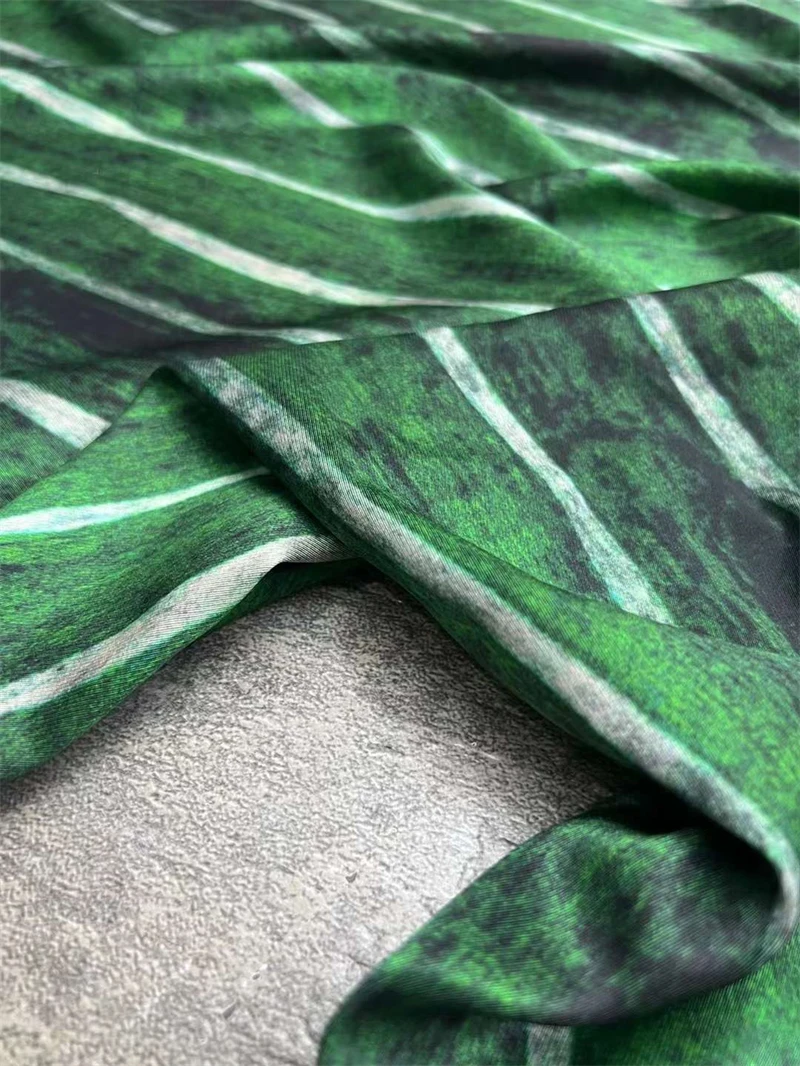 Hot 2023 Summer Tie Dyed Pinstripe Green Silk Fabric Fashionable Brand Skirt Set Scarves DIY Satin Material Mulberry Silk Fabric