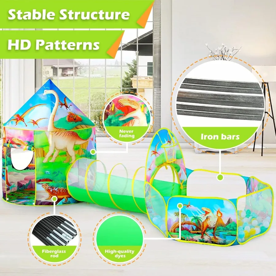 3-teiliges Dinosaurier-Zelt für Mädchen mit Bällebad-Spielzelten und Krabbel-Tunnel für Kleinkinder, rosa Pop-Up-Spielhaus-Spielzeug für Babys und Indooran